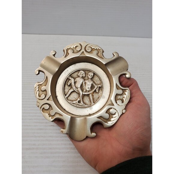 Antique Brass Ashtray, Vintage Brass Ashtray, Solid Brass Ashtray, Embossed - Picture 1 of 9